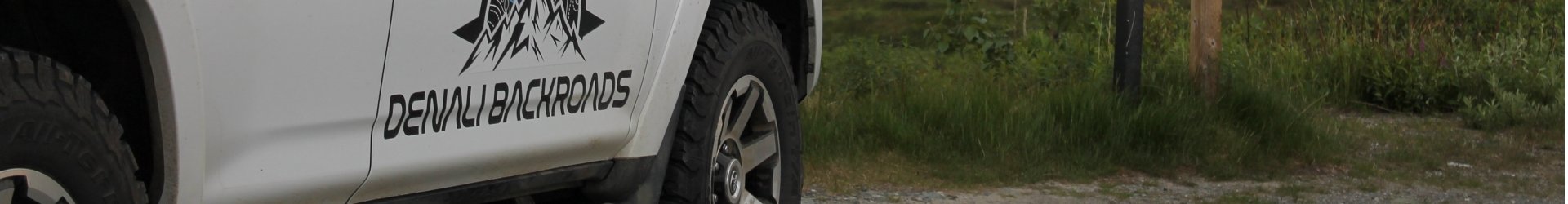 Denali Backroads logo displayed on the side of an Overlander rental vehicle in Fairbanks Alaska.