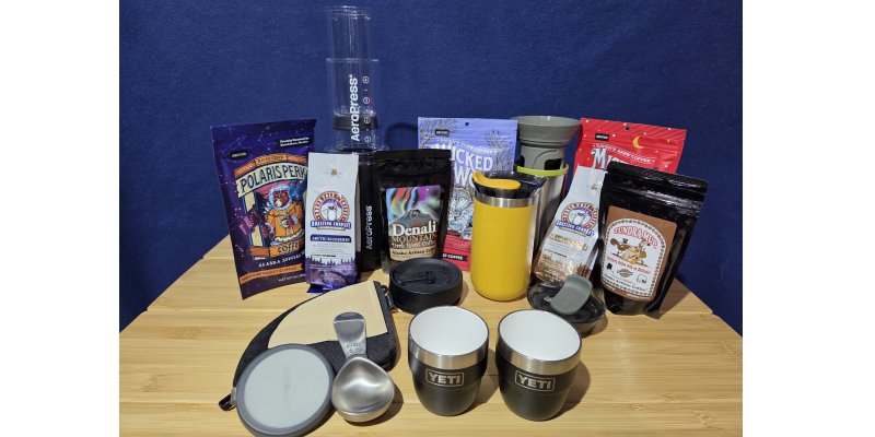 Backroads Barista coffee brewing kit with AeroPress, pour-over gear and Alaska roasted coffee for Auroralander adventure vehicle