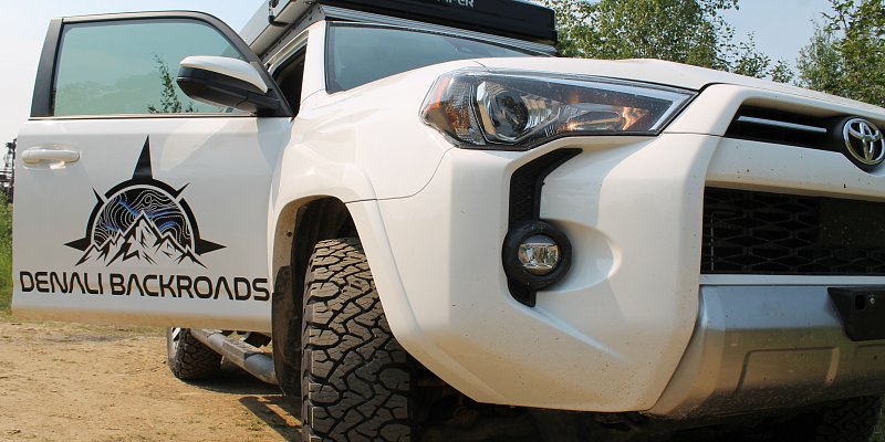 Denali Backroads Overlander Backroad Spare Kit with Wilco Hitchgate spare tire and dual RotoPax for Alaska highway travel